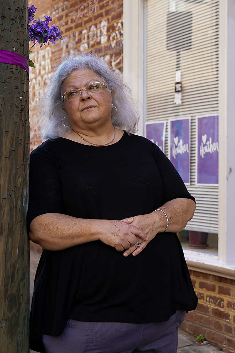 Susan Bro, mother of Heather Heyer, who was killed during the Unite the Right rally, visits her daughter's memorial regularly. (Kianna Gardner/News21)