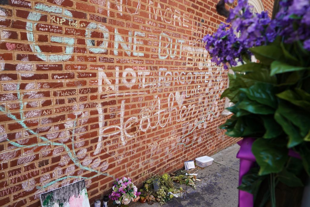 A monument to Heather Heyer on what is now Honorary Heather Heyer Way. The 32-year-old paralegal was killed in Charlottesville on August 12. (Kianna Gardner/News21)